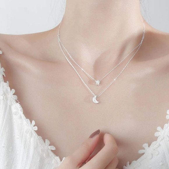 *925 Sterling Silver Diamond Moon Star Necklace - Picture 10 of 12